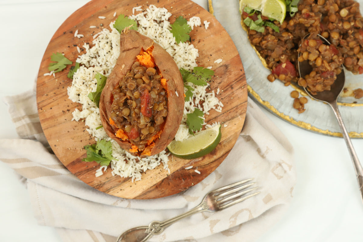 Jerk Spiced Lentil Stuffed Sweet Potato