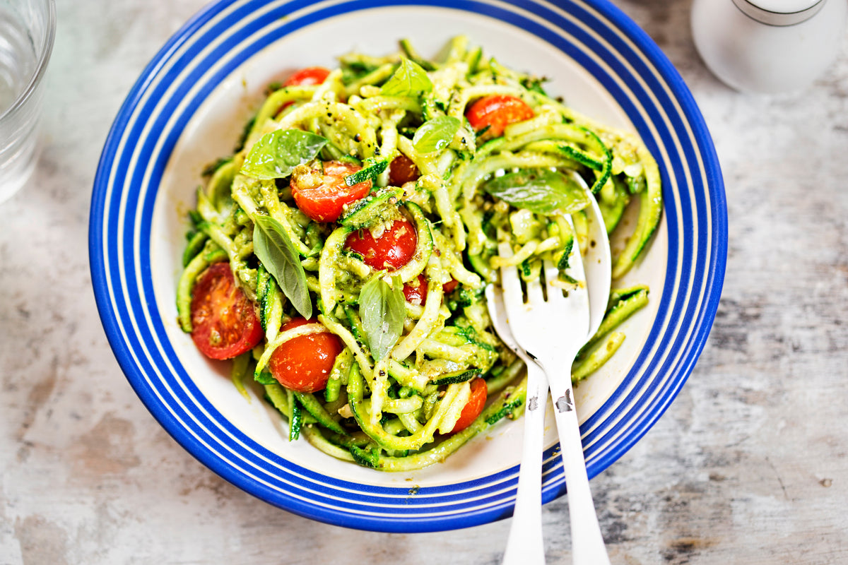 Raw Vegan Pesto Zoodles Recipe MamaSezz Plant Based Meal Delivery