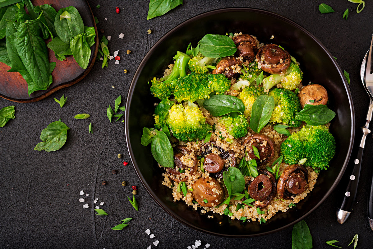 Vegan Quinoa Lunch Bowl with Broccoli and Mushrooms