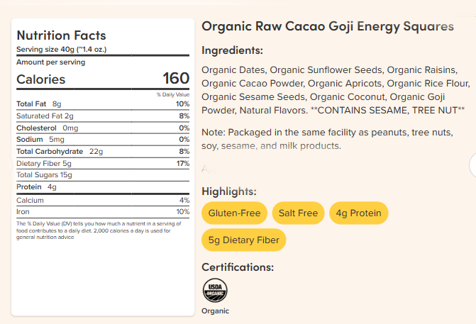 
                  
                    Organic Raw Cacao Goji Energy Squares
                  
                